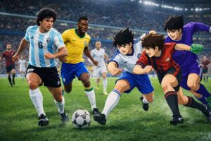 La partita di calcio impossibile tra leggende del calcio e protagonisti di Capitan Tsubasa generata dall’intelligenza artificiale