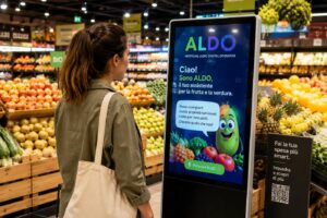 ALDO, totem di conversational signage con AI nel reparto ortofrutta: test in sei insegne GDO con misurazione dell’impatto sui KPI di reparto